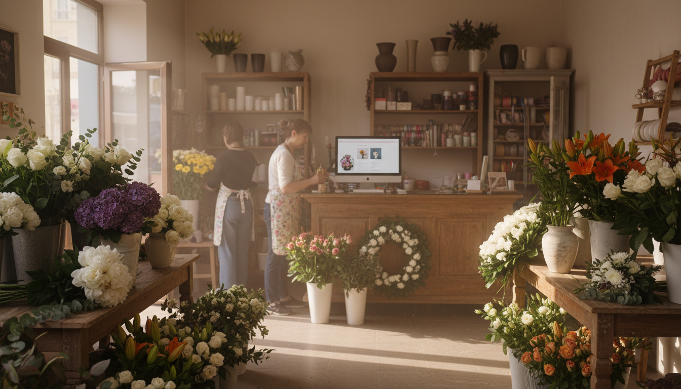 Flower shop interior with buckets of fresh flowers