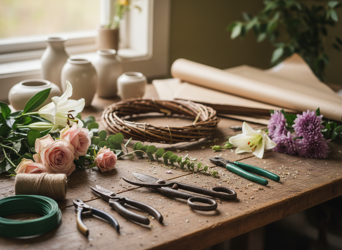 Hands arranging fresh flowers in a bucket of stems