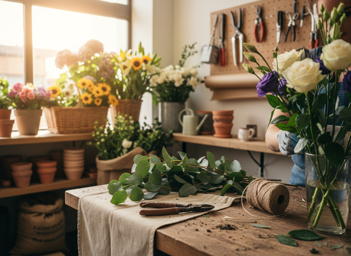 Fresh wrapped bouquet standing on a florist's counter