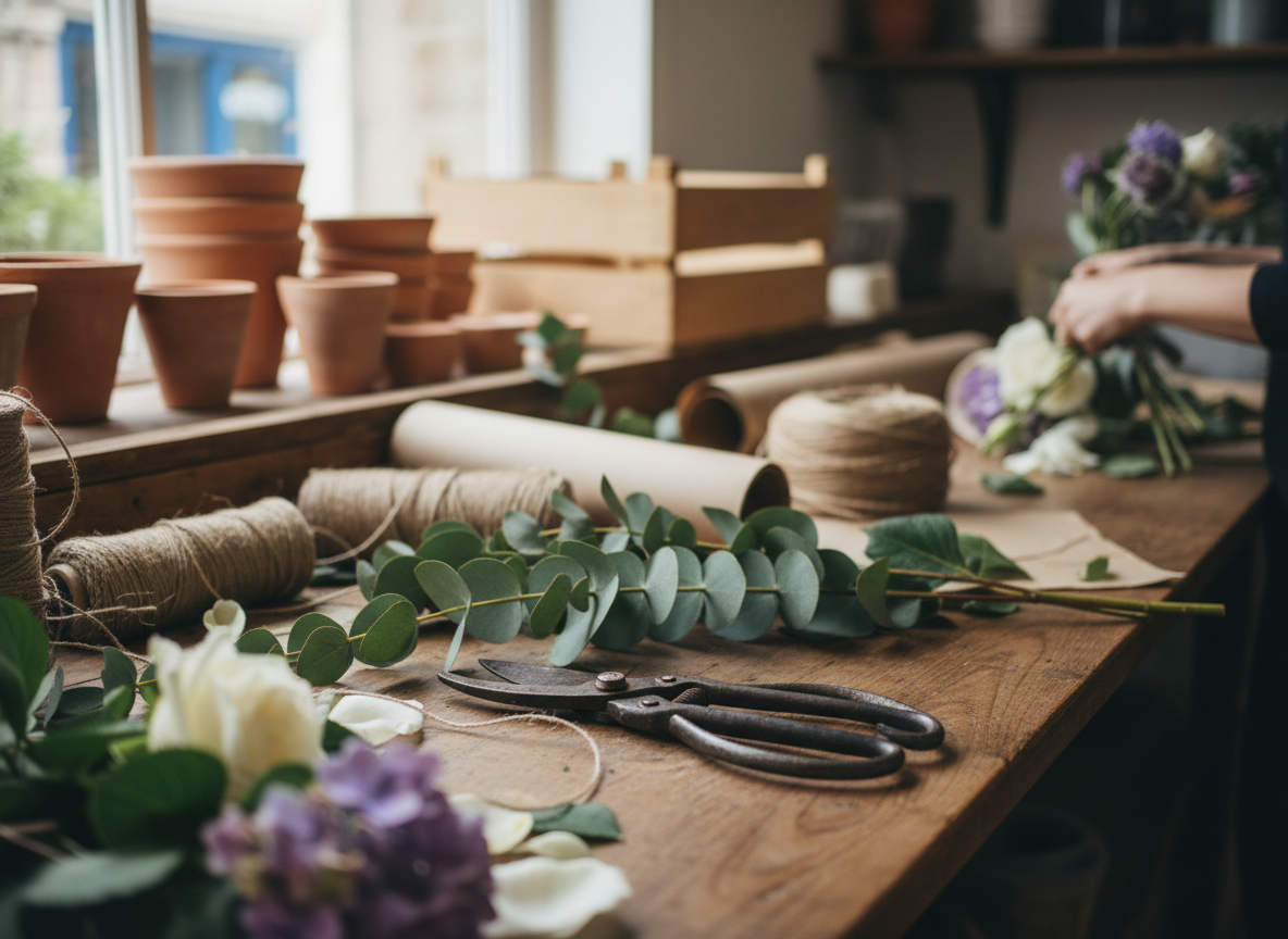 Florist's work table with cut stems, ribbon and shears